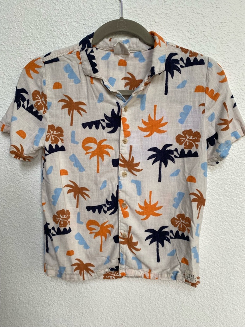 Tropical Palm Short-Sleeve Button Shirt - Orange, Navy & Light Blue